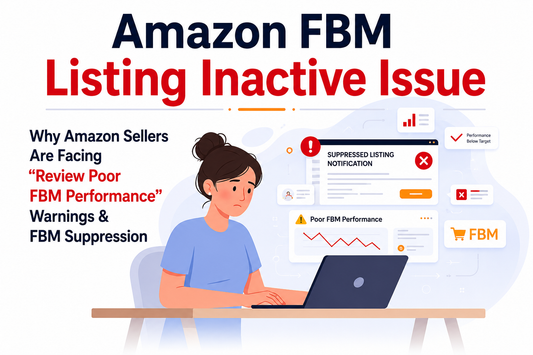 Amazon FBM listing inactive and Amazon FBM suppressed issue showing seller listing error in Amazon Seller Central with backend catalog problem, inventory-state mismatch, and variation listing failure requiring how to fix Amazon listing issue solution