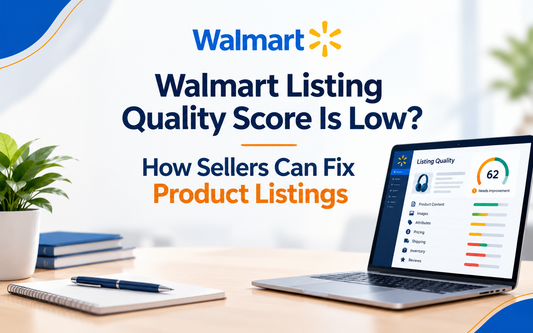 Walmart Listing Quality Score optimization guide featuring a dark professional background, listing quality dashboard, product content, images, attributes, pricing, and shipping improvements for marketplace sellers