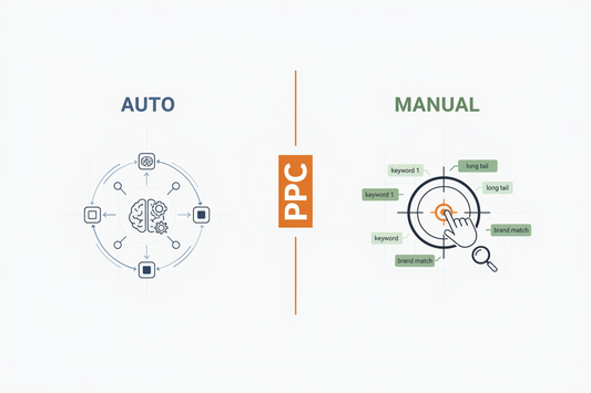 Amazon PPC campaign structure showing Auto vs Manual campaigns, keyword targeting, campaign optimization, Amazon advertising strategy, and PPC management by RetailTantra