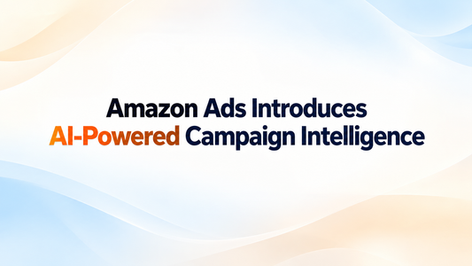 Amazon Ads AI-powered campaign intelligence featuring a laptop displaying campaign performance metrics, keyword insights, ACoS, ROAS, and AI recommendations, alongside a friendly AI robot, Amazon packages, and a shopping cart in a modern office.