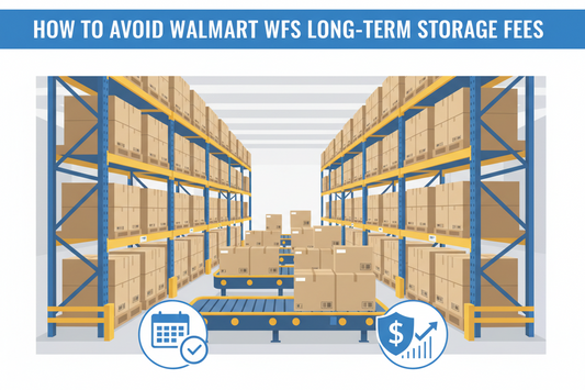 Walmart WFS storage fee chart showing rates for 0–365 days, 366–450 days, and over 450 days, highlighting long-term storage fee effective June 30, 2026, for Marketplace sellers.