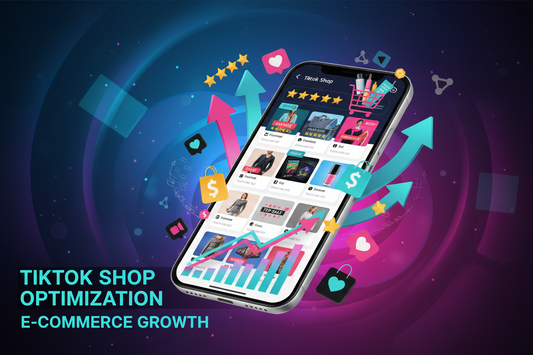 TikTok Shop optimization illustration showing a mobile e-commerce store with products, analytics charts, and growth arrows representing online sales growth