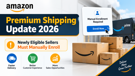 Amazon Premium Shipping 2026 update showing Seller Central enrollment, shipping settings, and one-day and two-day delivery options for eligible sellers.