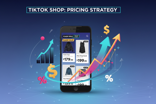 TikTok Shop pricing strategy illustration showing a mobile phone with product prices, rising sales graph, and icons representing profit and growth